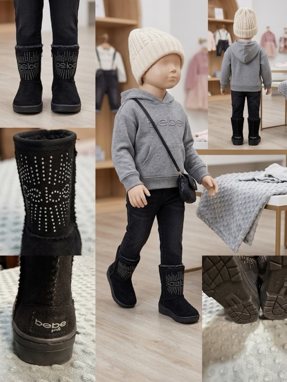 bebe Black Suede-Look Kids Boots with Rhinestone Detail